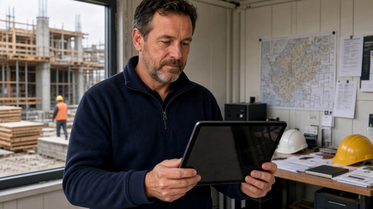 Construction site office reviewing an invoice on a tablet