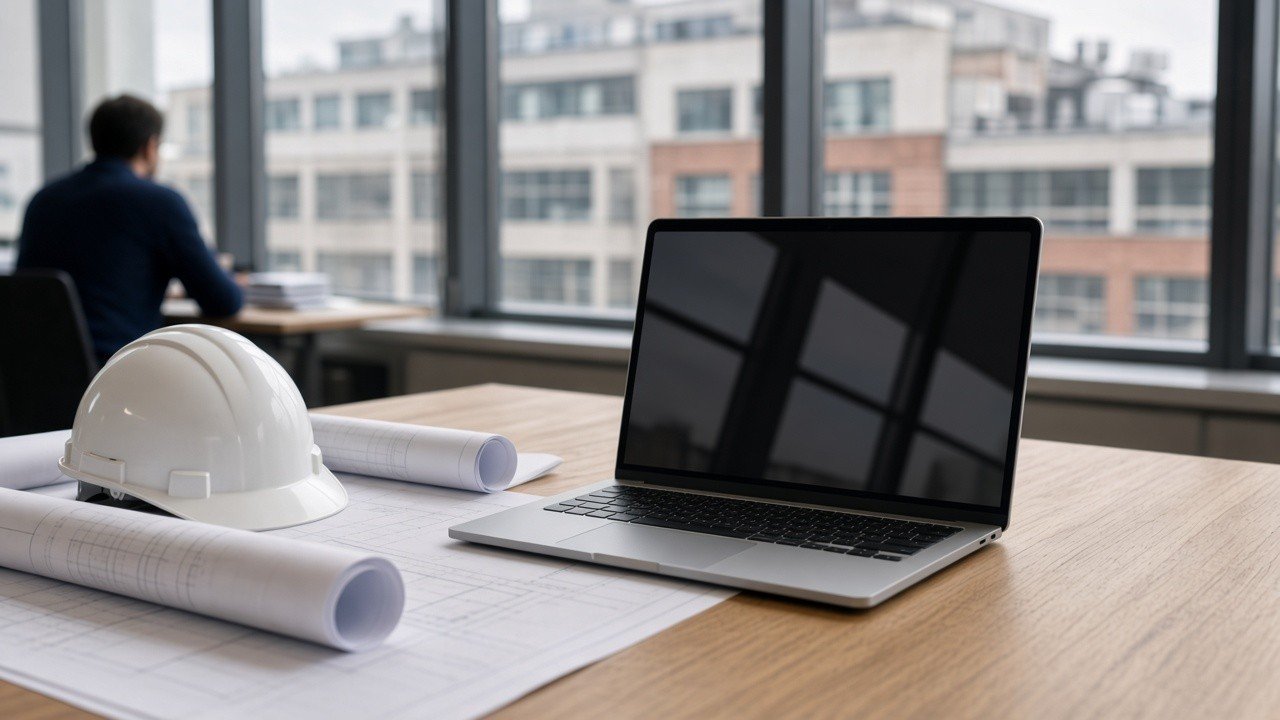 HOPn finance workspace in Bavaria with Invoice AI on a laptop next to construction drawings